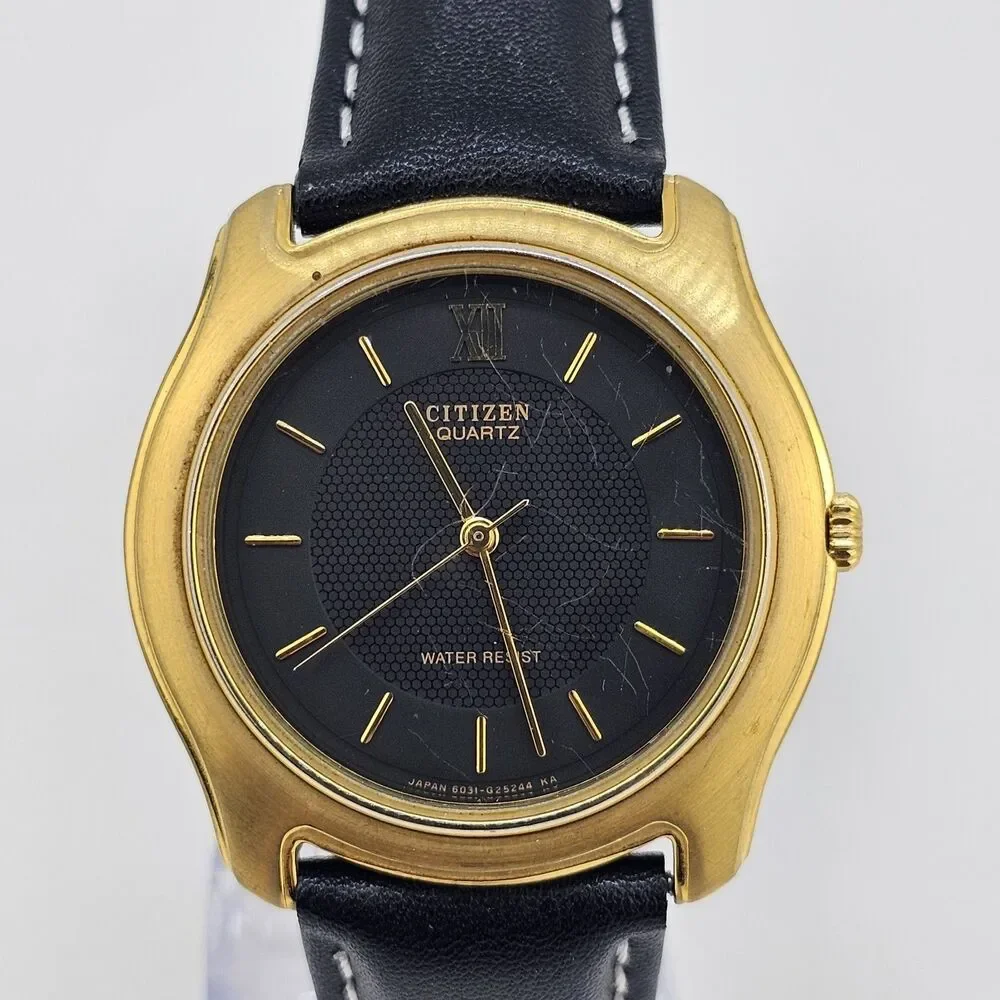 VTG‎ Citizen Men's Watch 35MM Black Dial New Black Leather Bands New Battery